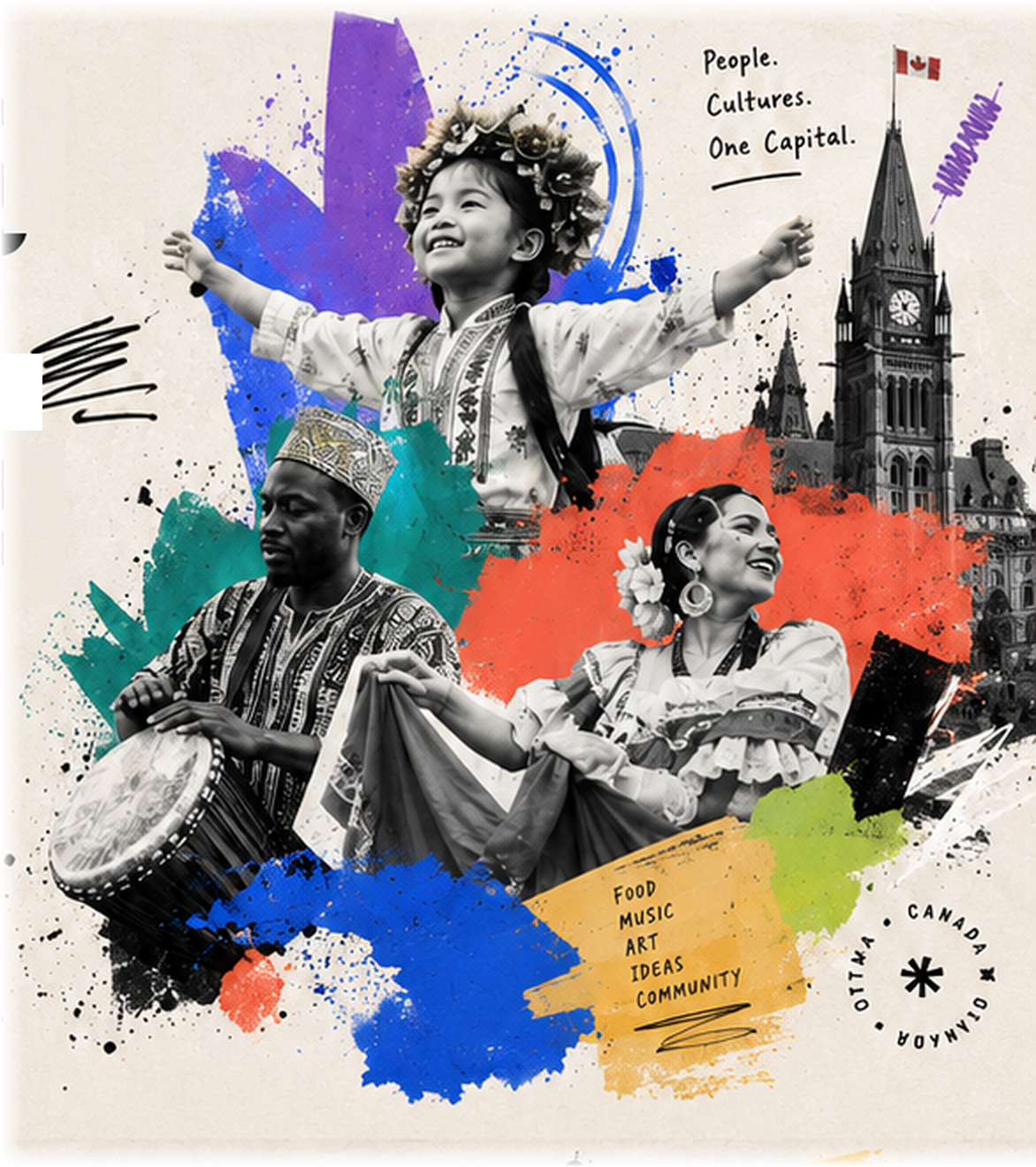 Collage: a child in a flower crown, a drummer with a djembe, a dancer in a folk dress and the Peace Tower, splashed with purple, teal, red, blue and green paint.